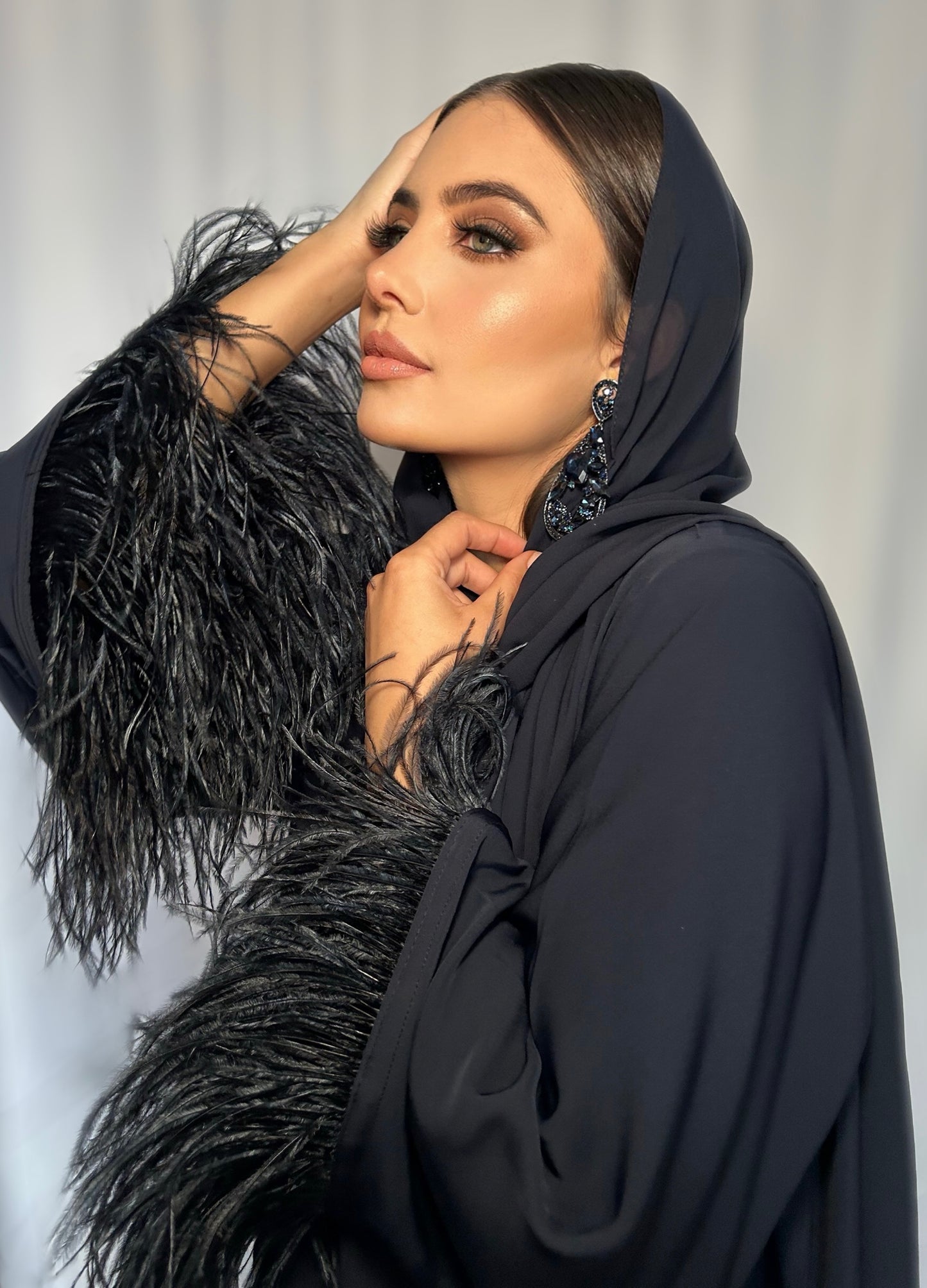 Navy Luxe Feather Abaya