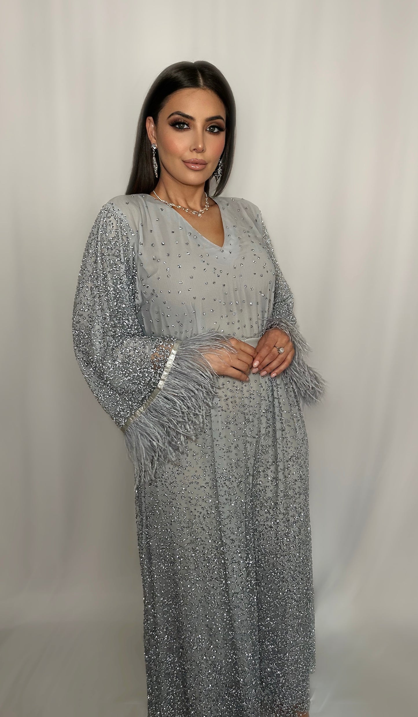 Luxurious Silver Embellished Abaya Dress