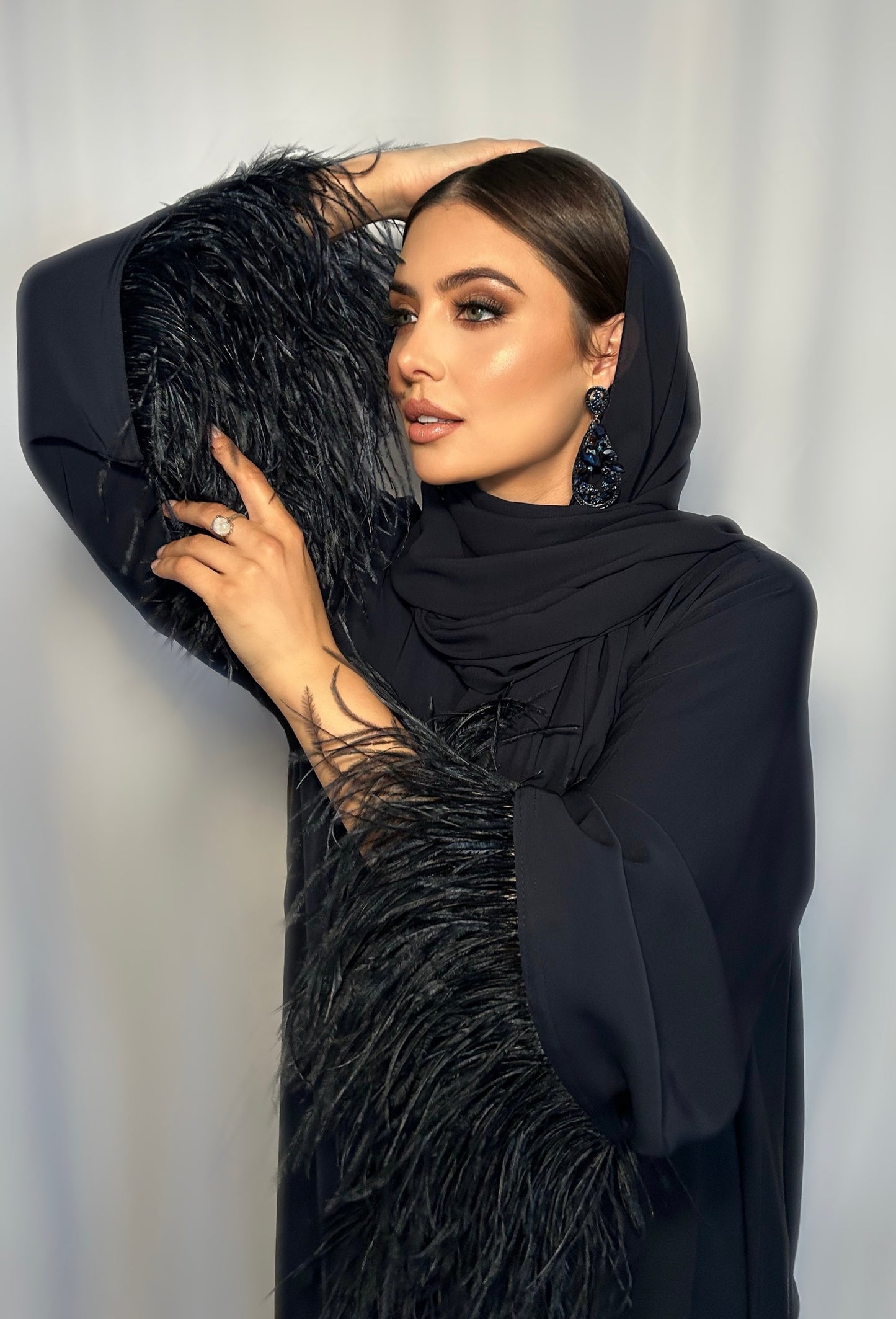 Navy Luxe Feather Abaya